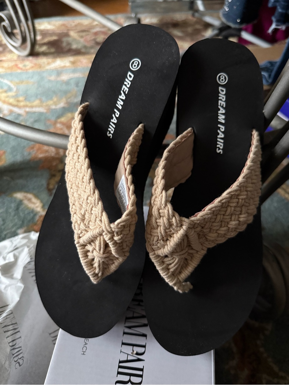 Dream Pairs Black Footbed Beige Braided Thong Sandals